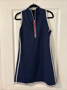 SHEIN Navy Blue Sleeveless Mini Dress with White Trim and Red Zip